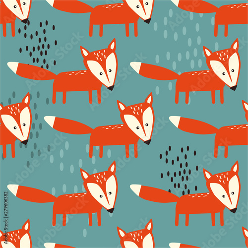Foxes, hand drawn backdrop. Colorful seamless pattern with animals. Decorative cute wallpaper, good for printing. Overlapping background vector. Design illustration