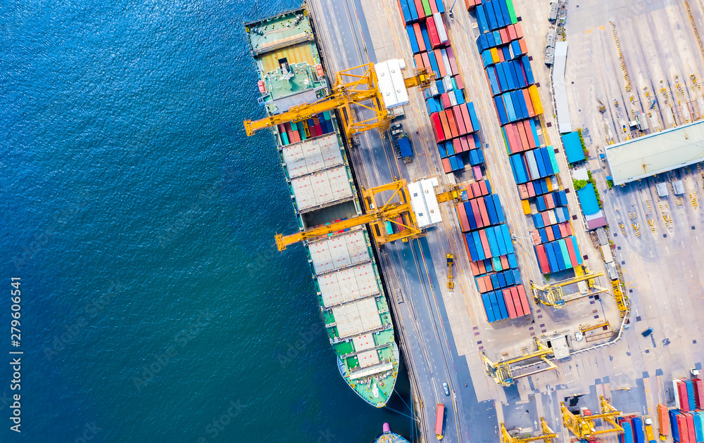 Logistics and transportation of Container Cargo ship and Cargo import/export and business logistics, Shipping , Top view ,Aerial view from drone