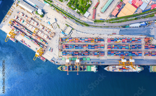 Logistics and transportation of Container Cargo ship and Cargo import/export and business logistics, Shipping , Top view ,Aerial view from drone