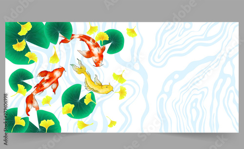 Autumn banner template with illustration of japanese pond with koi carp, ginkgo leaves and lotus leaves on white background. Watercolor imitation vector illustration