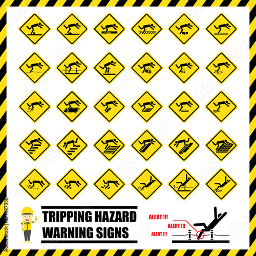 Set of safety warning signs and symbols of tripping hazards, Labels and signs using for tripping hazard prevention.