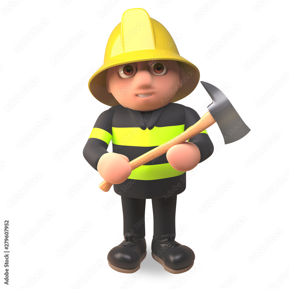 Fireman firefighter character holding a fire axe, 3d illustration Fireman firefighter character holding a fire axe, 3d illustration
