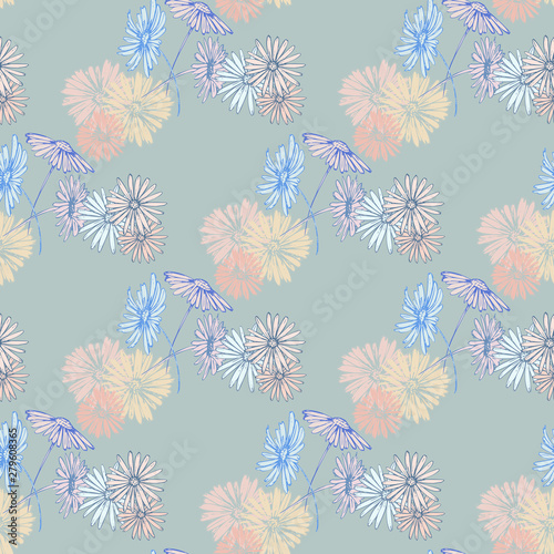 Camomile flower pattern in doodle style. Element decorative floral. Summer wallpaper. Vintage vector card. Flower background.