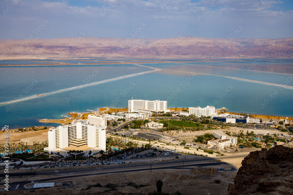 Ein Bokek at the Dead Sea in Israel  with Jordan in the background