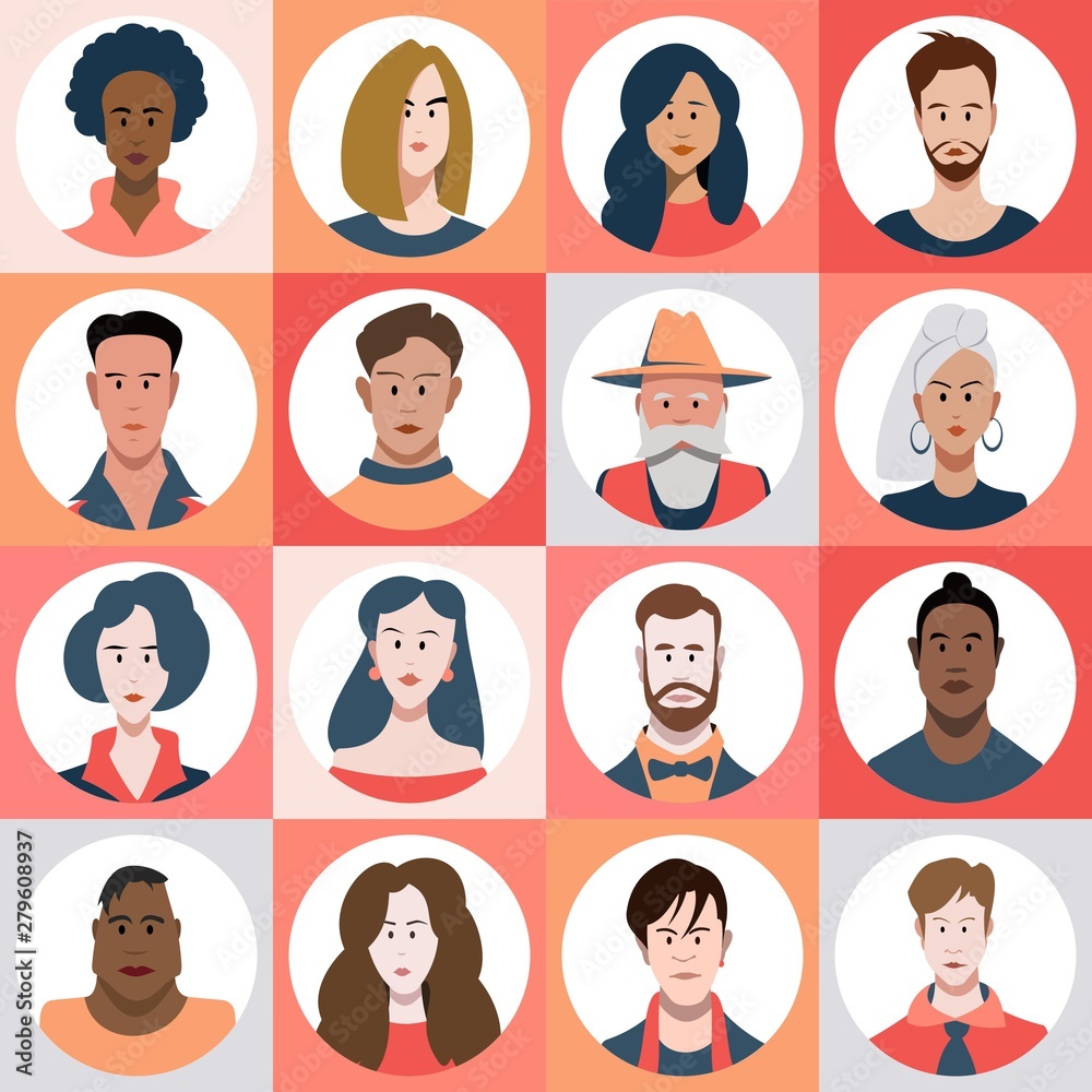 Fototapeta premium Set of flat style avatars of colorful vector icons. Character set of people.