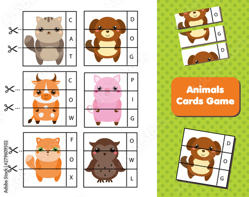animals flash cards. Words and vocabulary educational children game. Material for kids and toddlers