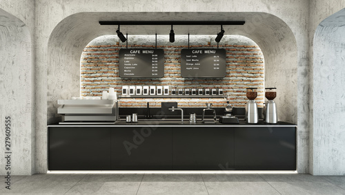 Cafe shop modern & Minimal design Counter black metal,Concrete wall, The shelf behind the counter is a brick.-3D render