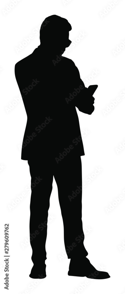 Businessman with mobile phone vector silhouette illustration. Handsome man in suite with hand in pocket. Standing pose. Relaxed man. Manager relaxing on pause. Yuppie appoints a meeting with girl.
