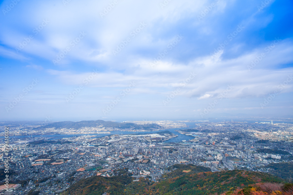 landscape of Kitakyushu city japan looked from Sakurayama Observatory.Blue sky in the autumn season.