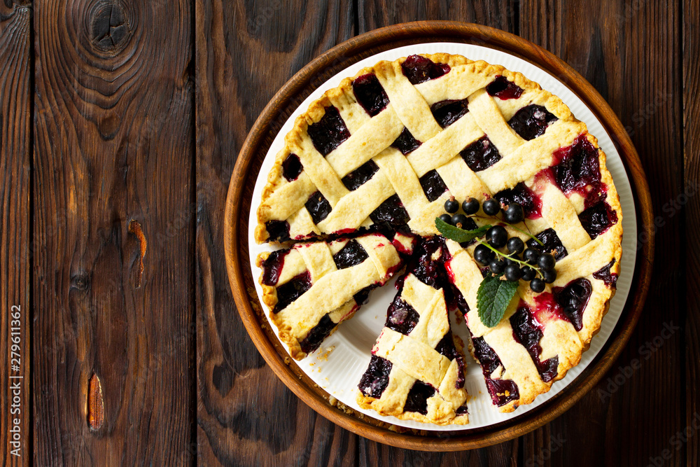 Berry pie summer. Sweet pie, tart with fresh berry currant. Delicious cake with currant. Top view flat lay with copy space for your text. Berry pie summer. Sweet pie, tart with fresh berry currant. Delicious cake with currant. Top view flat lay with copy space for your text.