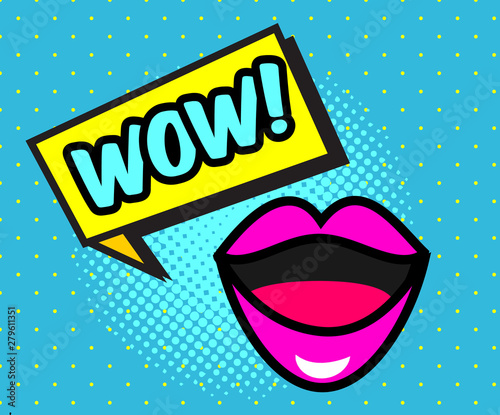 Comic page. Speech bubble, woman lips and text WOW. Vector banner in pop art retro style