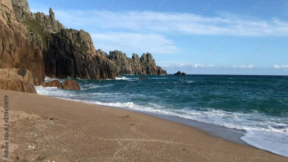 Cornish Sandy Beach with Ocean Waves Turquoise Seas and Rocky Cliffs Cornish Sandy Beach with Ocean Waves Turquoise Seas and Rocky Cliffs