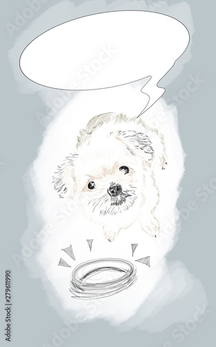 Sketch of Dog waiting for eat food and empty bowl