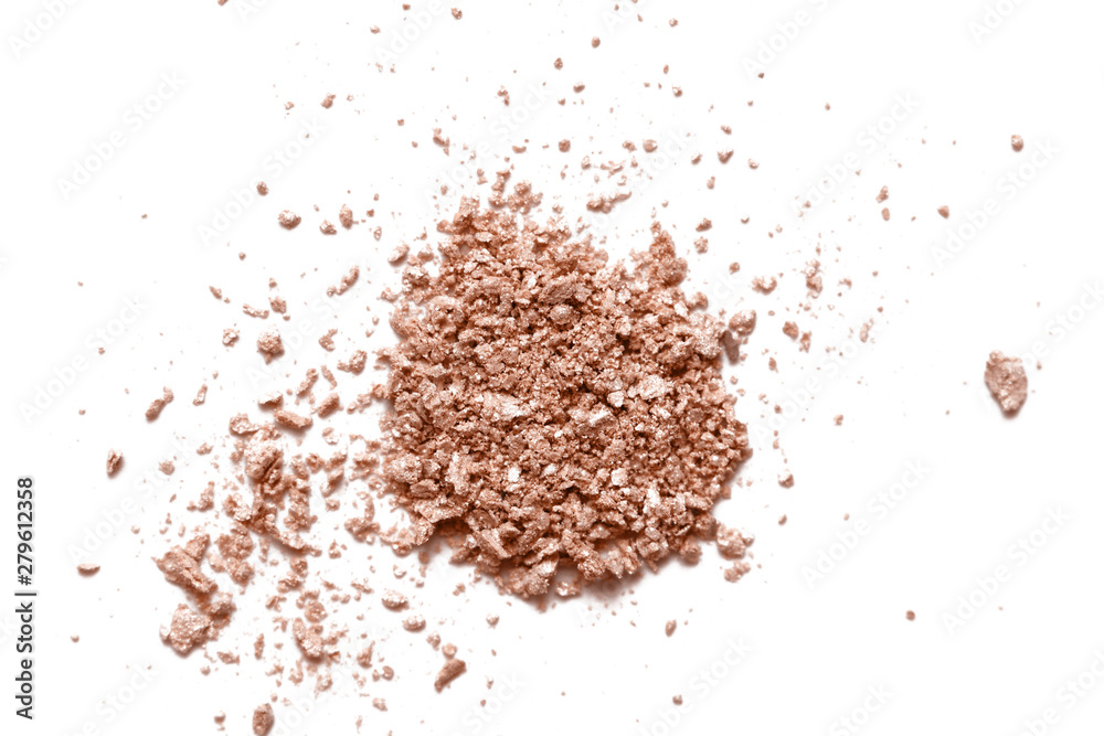 Crushed nude shimmer eye shadow texture isolated on white background. Face powder, bronzer swatch. Broken eye shadow smear. Cosmetic powder sample. Crushed nude shimmer eye shadow texture isolated on white background. Face powder, bronzer swatch. Broken eye shadow smear. Cosmetic powder sample.