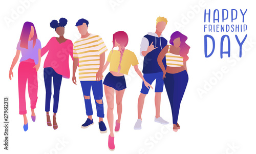 Group of teenage boys and girls or school friends standing together, embracing each other. Happy students isolated on white background. Flat cartoon vector illustration.