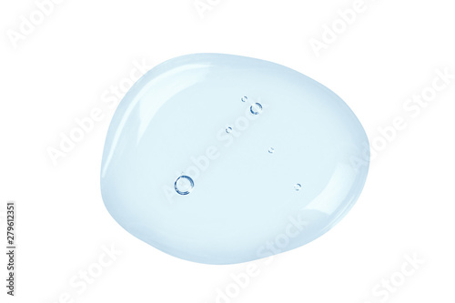 Blue cosmetic gel texture with bubbles. Clear liquid drop isolated on white background