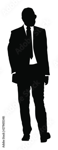 Businessman in suite and tie standing vector silhouette. Handsome business man in office work. Elegant man manager. Bodyguard observe, secret agent care president security. Event safety organisation