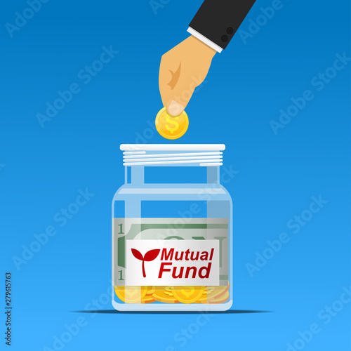 hand putting coin in mutual fund jar,investment concept.