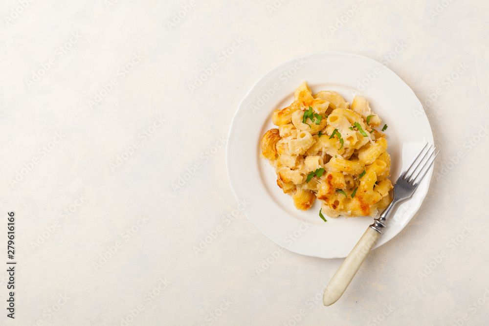Traditional North American dish. Baked pasta with cheese. Traditional North American dish. Baked pasta with cheese.