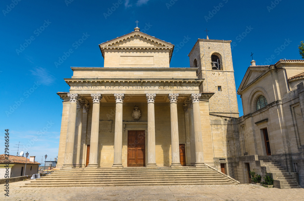 Basilica di San Marino - catholic church located in the Republic of San Marino on Piazza Domus Plebis, blue sky background