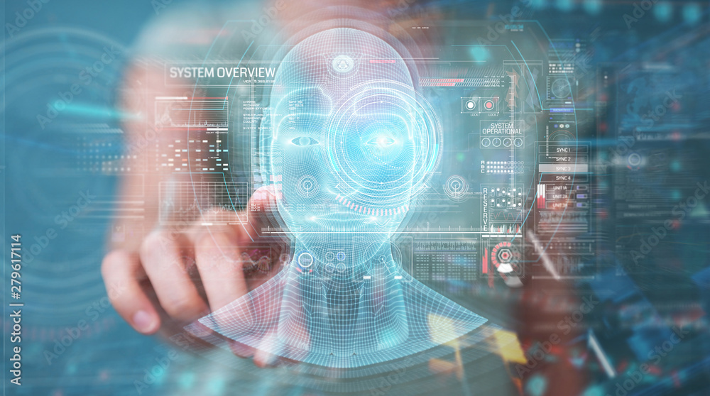 Woman using digital artificial intelligence head interface 3D rendering Woman using digital artificial intelligence head interface 3D rendering