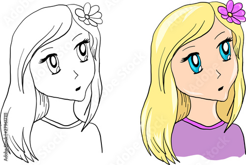 Vector young blond girl - colorful and for coloring