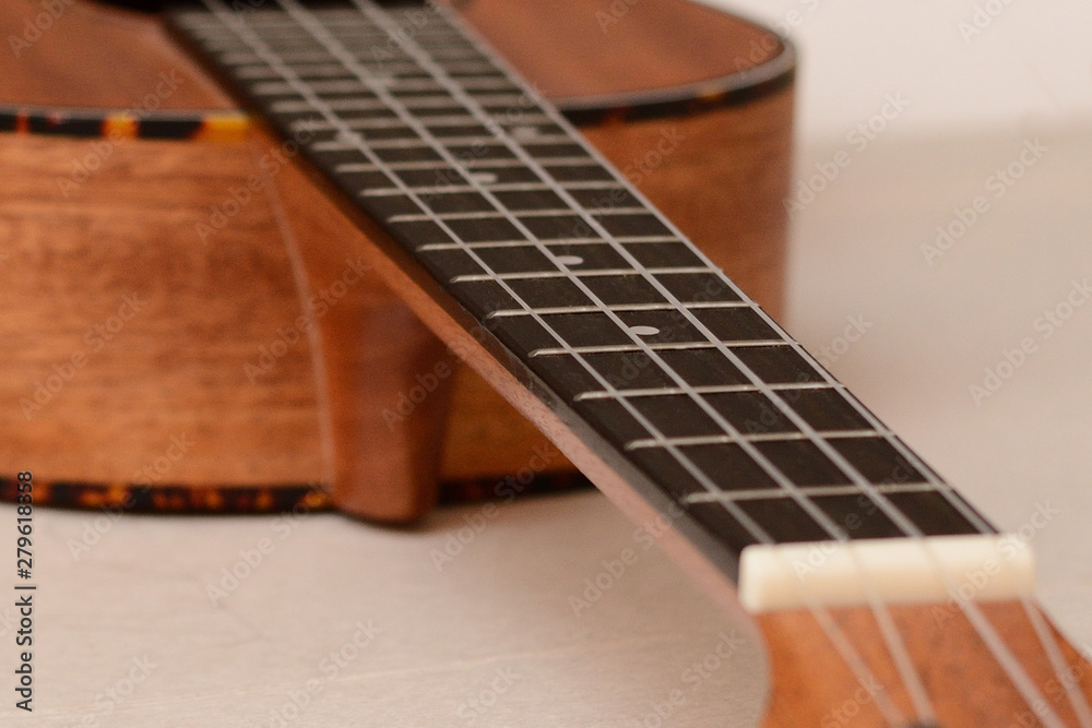 Obraz premium Ukulele - fret neck. Small depth of focus. Realistic.