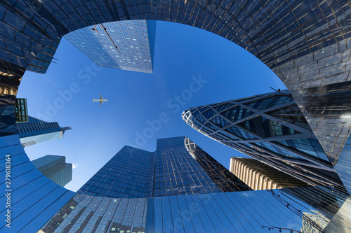 Up view of the place flying above La Defense, Est-Paris business district where the important multinational headquarter are located, France