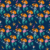 Seamless background pattern with Skeletons of Mermaids. Dia de Muertos (Day of the Dead). Mexican tradition.