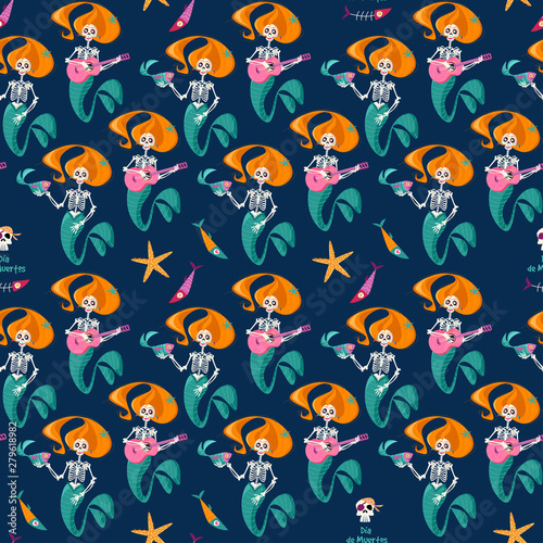 Seamless background pattern with Skeletons of Mermaids. Dia de Muertos  Day of the Dead . Mexican tradition.