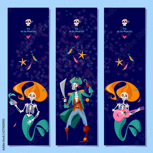 Set of 3 universal greeting cards  and bookmarks with Skeletons of Mermaid and Pirate. Dia de Muertos (Day of the Dead). Template.