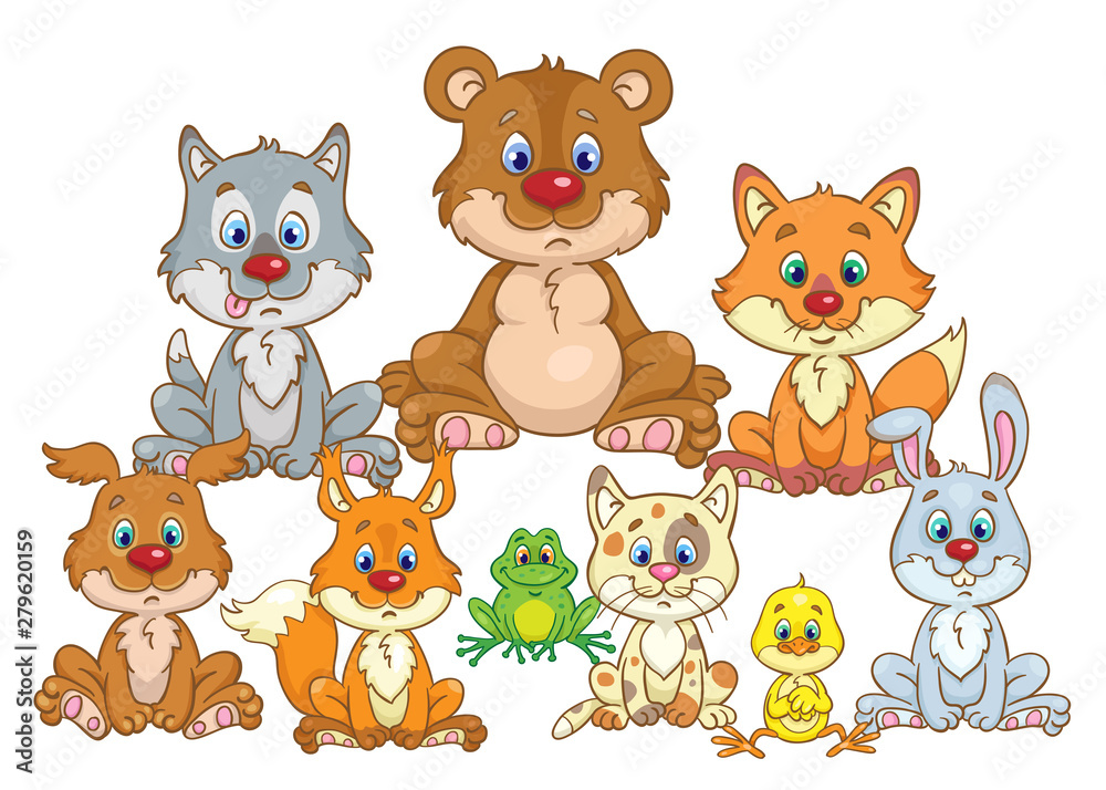 Fototapeta premium Portrait of cute forest dwellers. Bear cub, wolf cub, chanterelle, rabbit, kitten, dog, chick, frog and squirrel are sitting in the meadow. In cartoon style. Isolated on white background.