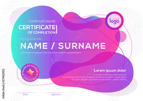 modern certificate of completion template with vibrant bold color fluid liquid graphic background