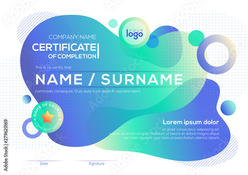 modern certificate of completion template with vibrant bold color fluid liquid graphic background
