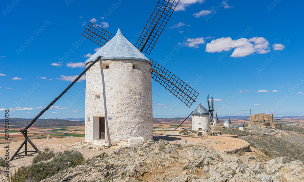 Energy, White wind mills for grinding wheat. Town of Consuegra in the province of Toledo, Spain