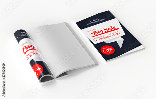 Magazine with rolled white paper pages isolated on white background. blank book, catalogue or brochure with folded sheets mock up. 3d illustration