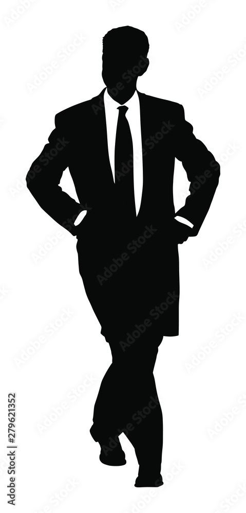 Elegant businessman in coat vector silhouette illustration. Handsome man with hands in pockets. Mature Business man in suite. Senior manager or politician walking during elections campaign.