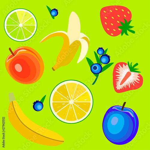 Fototapeta Naklejka Na Ścianę i Meble -  Colorful pattern of berries and fruits isolated on blue background.  Lime, banana, strawberry, blueberry, plum.Top view. Flat lay.