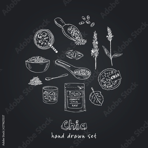 Chia hand drawn doodle set. Vector illustration. Isolated elements. Symbol collection.