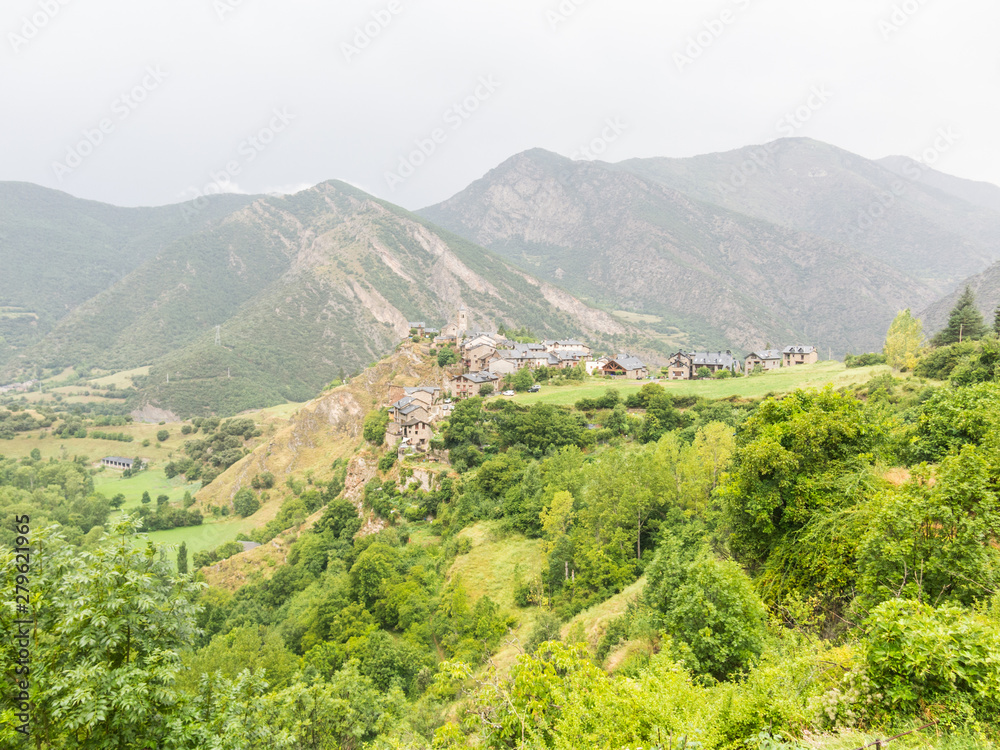 Panorama of the small medieval village of Tirvis, in the province of Pallars Sobira, in the Catalan Pyrenees. Catalonia, Spain,