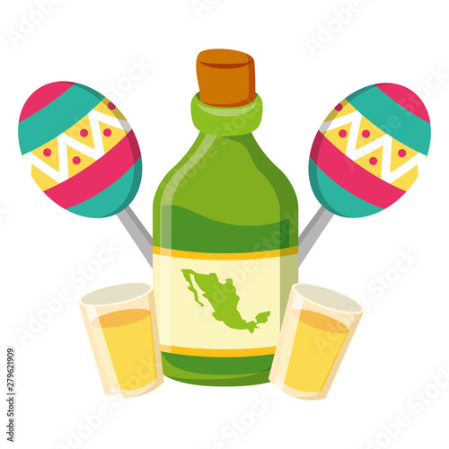 tequila bottle with cups and maracas