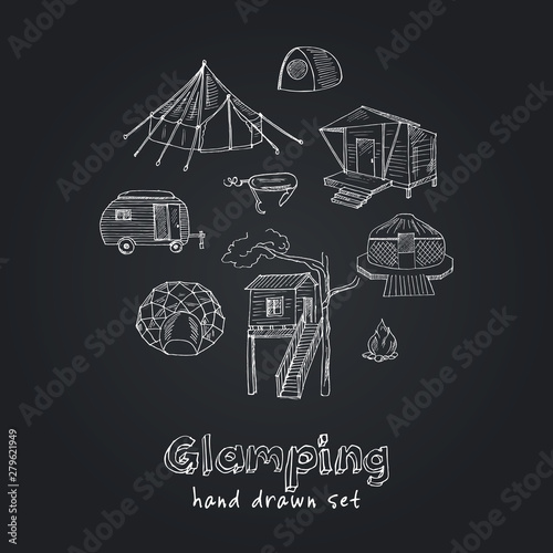 Glamping hand drawn doodle set. Vector illustration. Isolated elements. Symbol collection.