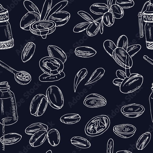 Vector set on Argan, its fruits and its application. Argan oil hand drawn doodle set. Vector illustration. Isolated elements. Symbol collection.