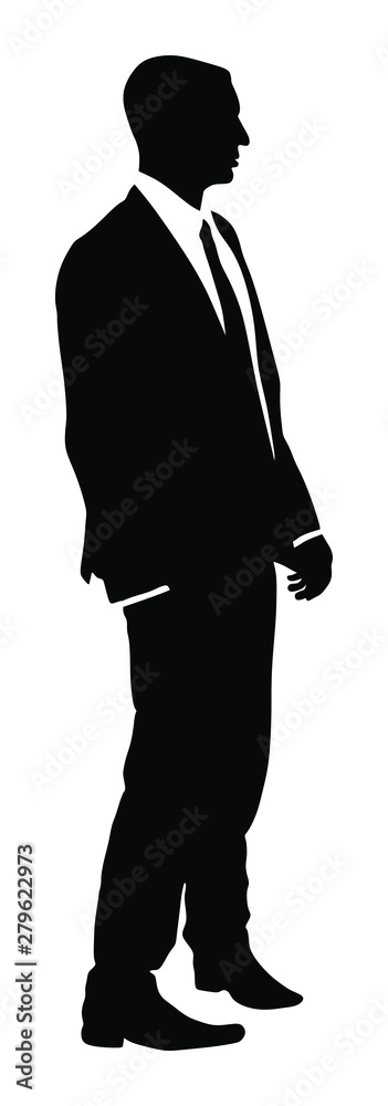 Businessman in suite and tie standing vector silhouette. Handsome business man in office work. Elegant man manager. Bodyguard observe, secret agent care president security. Event safety organisation