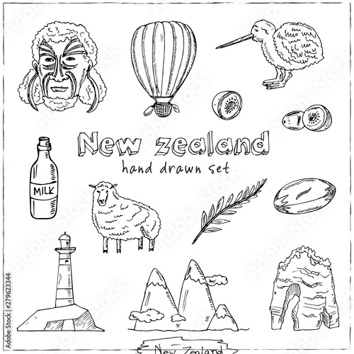 New Zealand hand drawn doodle set. Vector illustration. Isolated elements. Symbol collection.