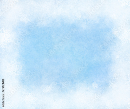 Abstract blue winter texture with snowy frame. White snowflake decoration.