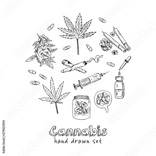 Cannabidiol icon set. Included icons as CBD, Cannabis, treatment, weed, tobacco and more. Hand drawn doodle set. Vector illustration. Isolated elements. Symbol collection. photo