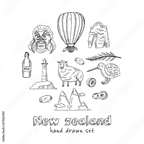 New Zealand hand drawn doodle set. Vector illustration. Isolated elements. Symbol collection.