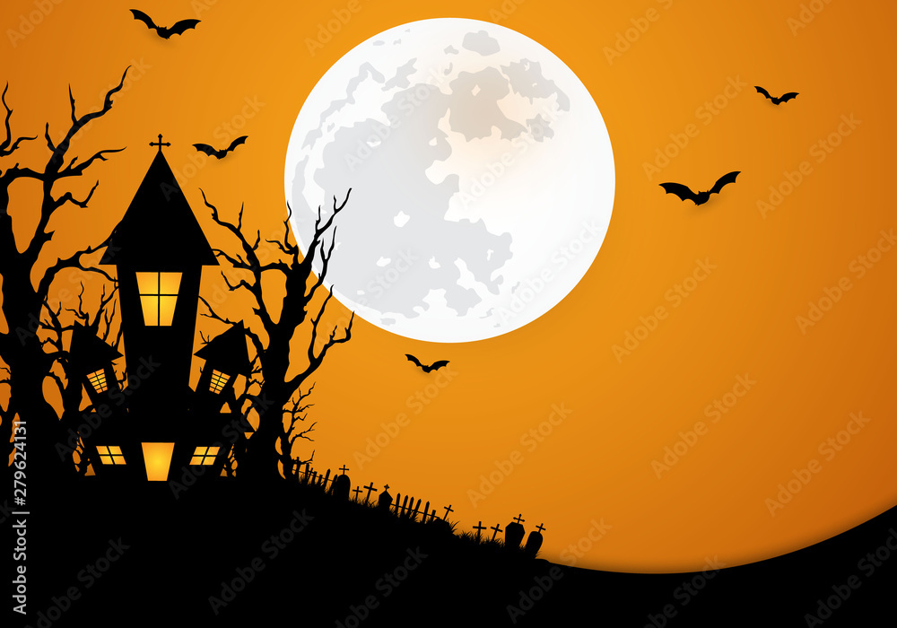 Halloween pumpkins and dark castle on blue Moon background, illustration. 