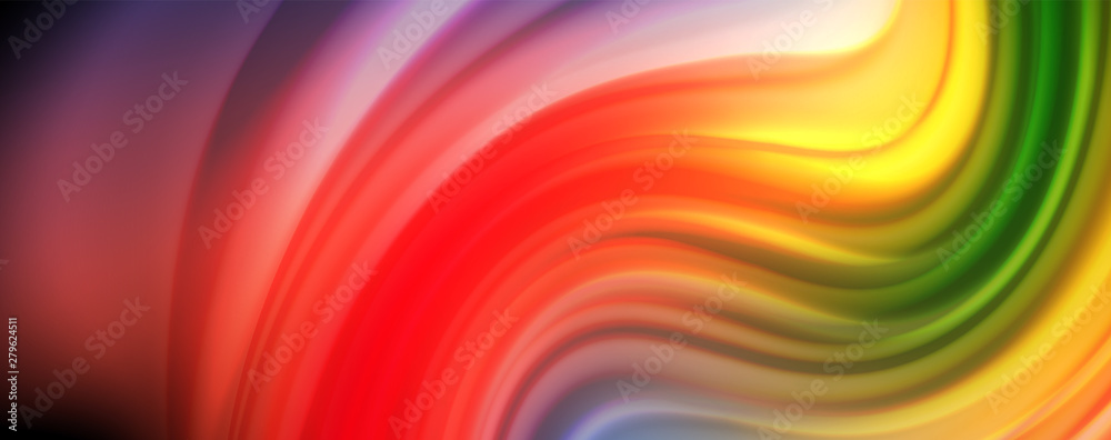 Obraz premium Modern rainbow liquid color flow colorful poster. Wave Liquid shape in black color background. Abstract composition